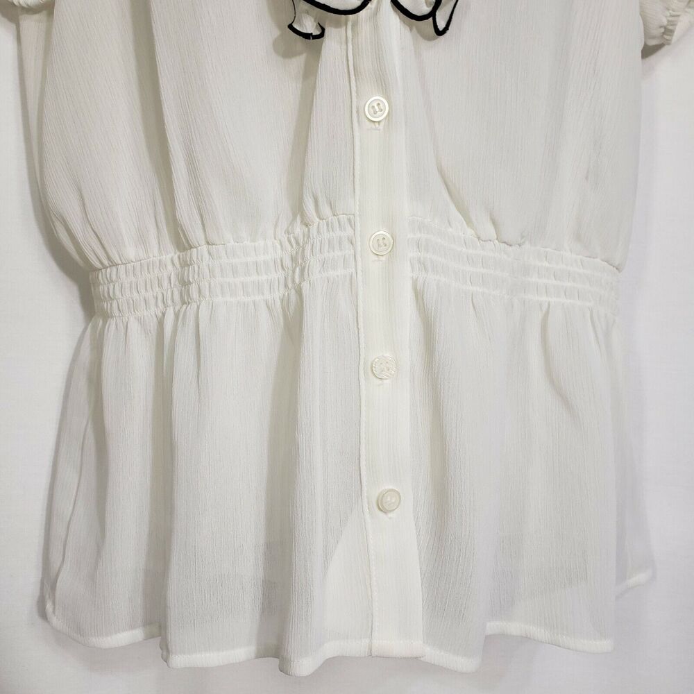 AGB Womens Top Large Ivory Sheer Ruffle Accent Button Elastic Waist Blouse - Picture 6 of 10